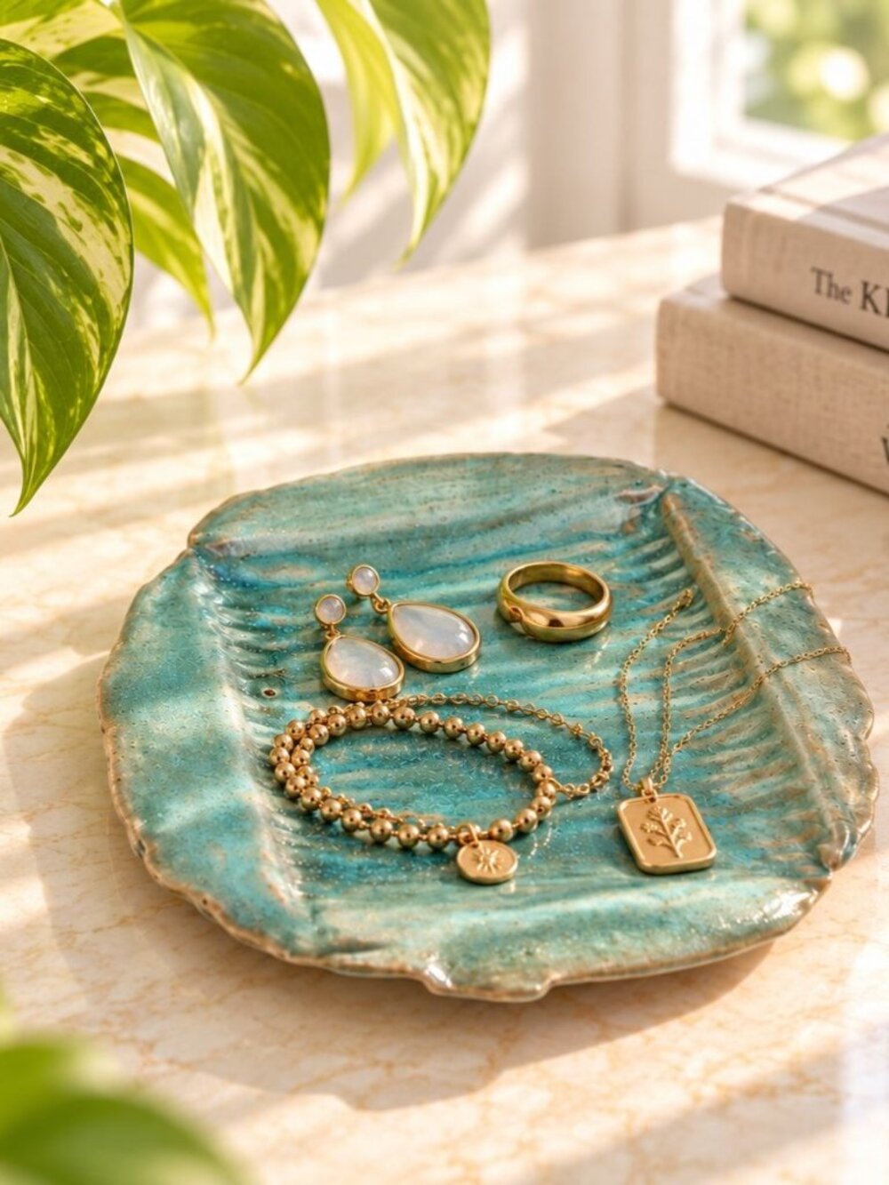 Handmade Blue Ceramic Trinket Dish Catch-All With Textured Finish And Signed Bas